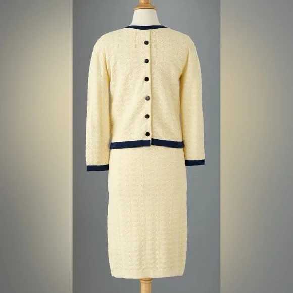 J. Peterman Vivienne Pointelle Cotton Suit Set Cream Navy Trim Skirt Top XS/S - Picture 4 of 16
